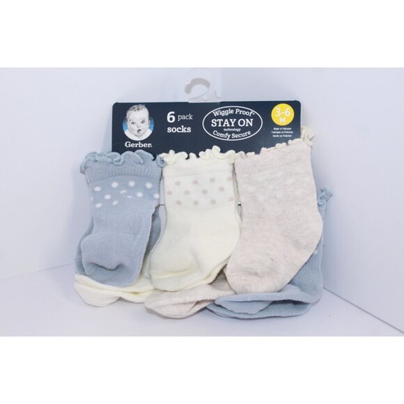 Gerber Wiggle Proof Stay On Infant Bootie Socks 0-3 Months Beige Blue 6 Pack - Picture 1 of 8